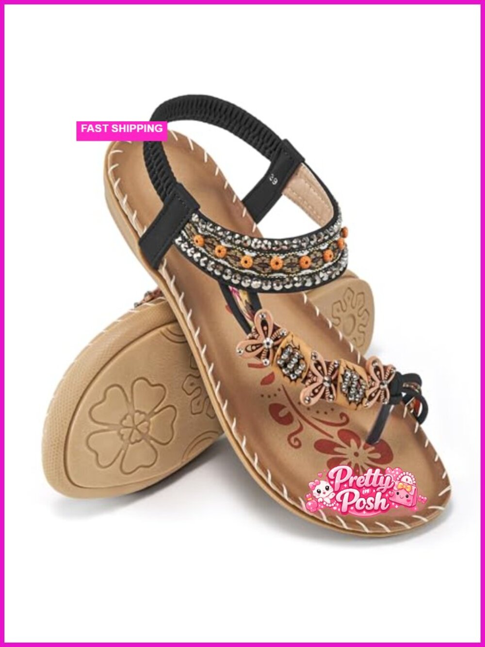 Women's Flat Sandals with Faux Leather Toe Ring Beaded Boho Casual Summer Shoes